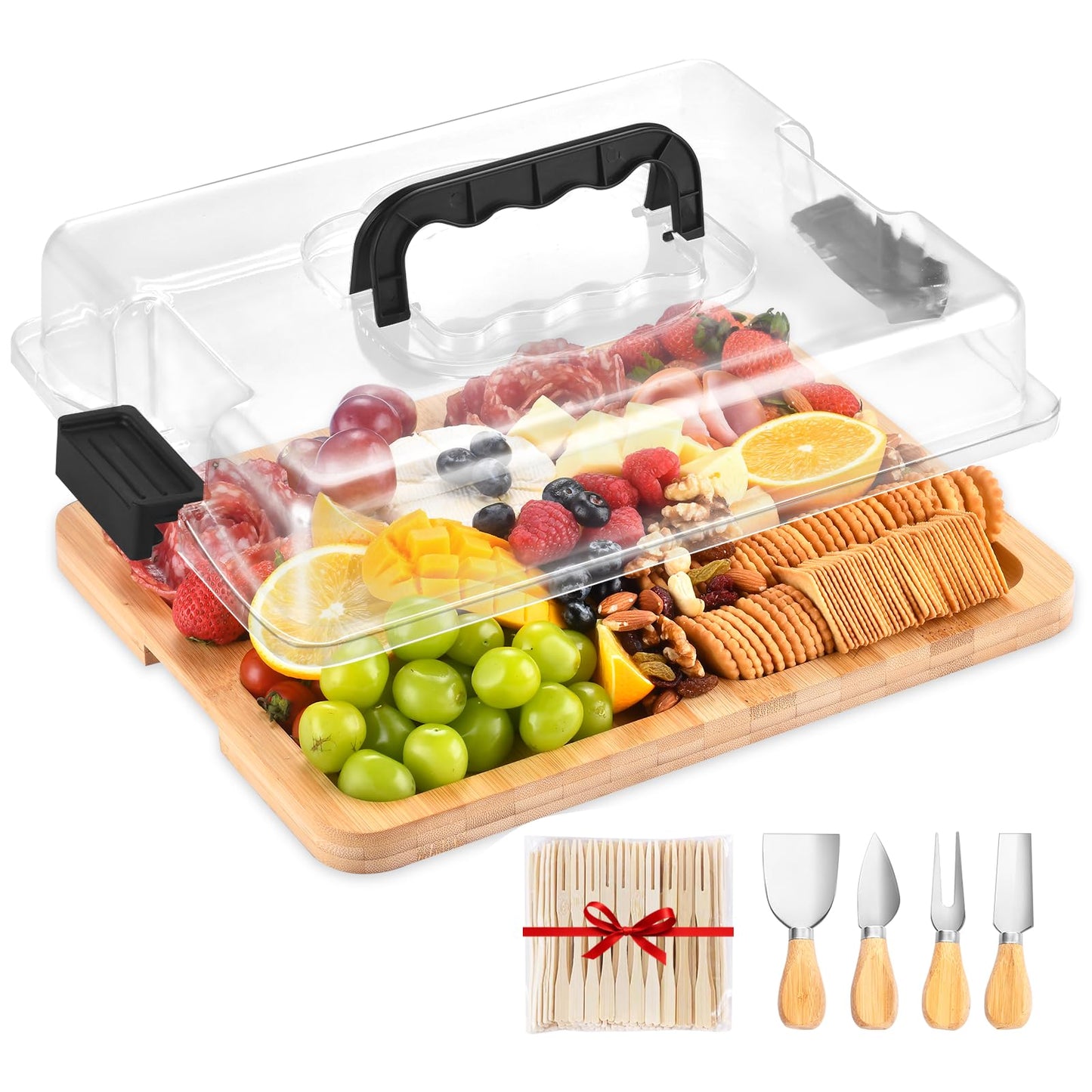 Charcuterie Board with Lid and Handle, Portable Travel Bamboo Cheese Board Set with 4 Cheese Tools, Gift for Housewarming, Weddings, Picnics, Christmas (6 Compartments, Black)