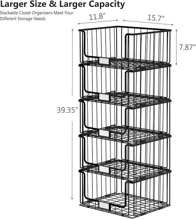 5-Tier Stackable Closet Organizers and Storage, Clothes Shelf Organizer, Foldable Wire Basket Bins, Sweater Storage for Closet and Pantry,11.8" D x 15.7" W, Black