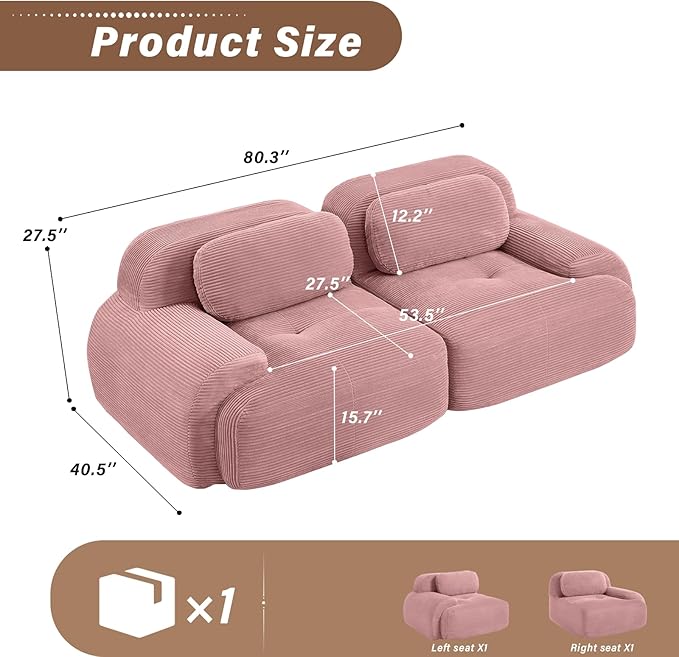 SoarFlash 81" Loveseat Sofa, Comfy Deep Seat, No Assembly, Sofa in a Box, Modern Small Couch with Plush Corduroy Fabric for Living Room, Bedroom, Apartment, Home Office, Pink