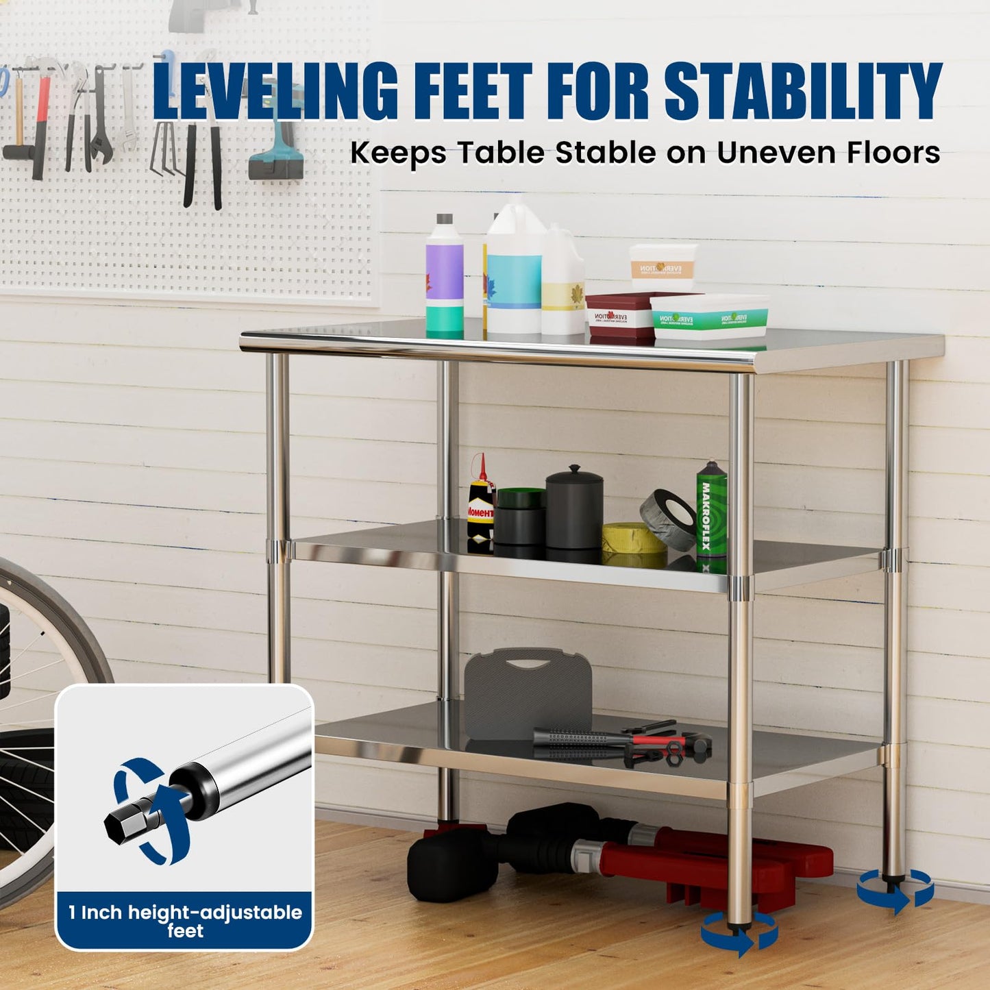 Stainless Steel Work Table 24 x 48 Inch with 2 Adjustable Undershelves, Heavy-Duty Metal Prep Table for Commercial Kitchen & Restaurant, Garage, Outdoor
