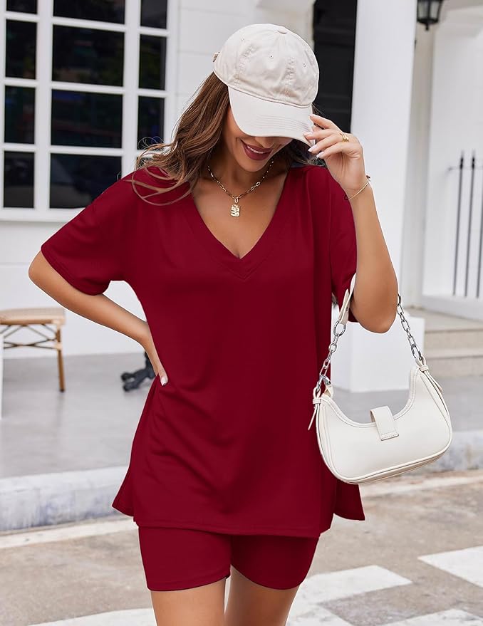 Ekouaer Womens Pajamas 2 Piece Lounge Sets Oversized V Neck T-Shirts Tops Biker Shorts Set Workout Reversible Tracksuit S-XXL