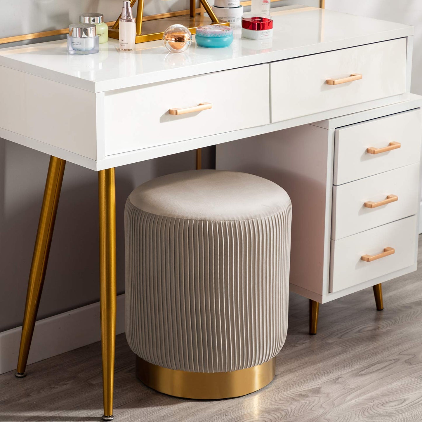 DUHOME Modern Round Velvet Ottoman Footrest Vanity Stool Khaki