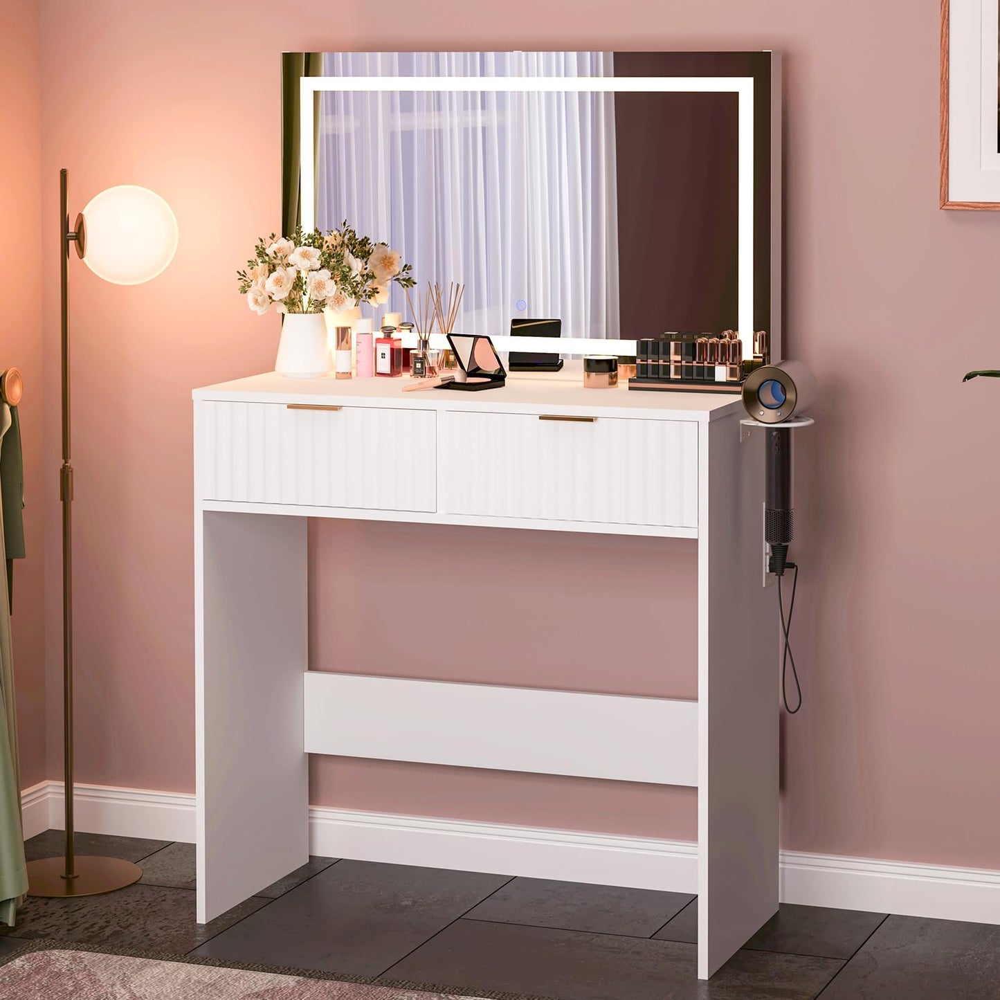 GAOMON Vanity Desk with Mirror and Lights, Fluted Wood Makeup Vanity with 2 Drawers, Modern Dressing Table with 3 Lighting Modes & Charging Station, Hair Dryer Rack for Bedroom, Light Wood/Gold