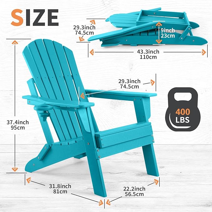 FUNBERRY Folding Adirondack Chair Set of 6, All Weather HDPE Fire Pit Chairs with Cup Holder for Outdoor