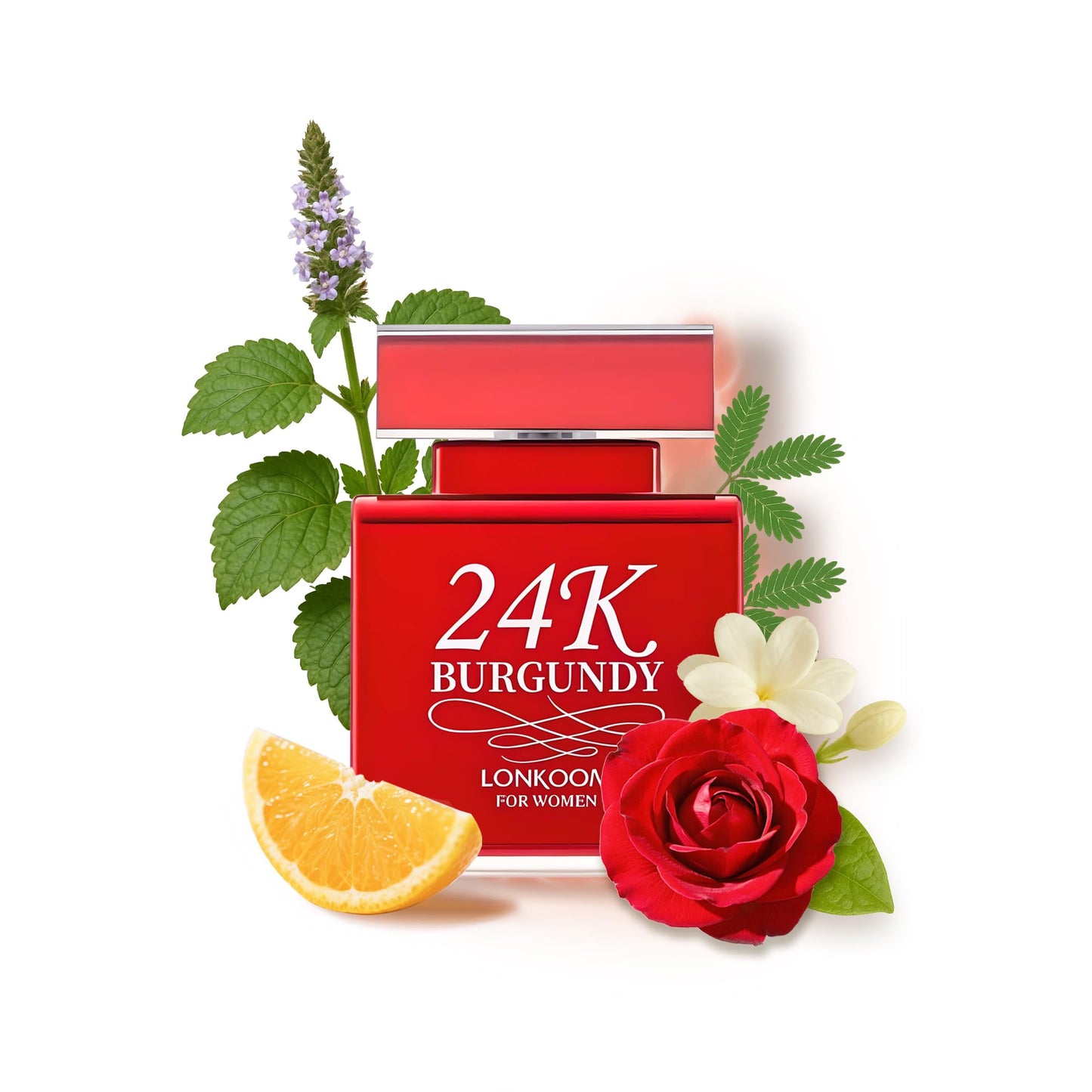 Lonkoom 24K Burgundy Perfume for Women, 3.4 Fl Oz/100ml Sweet Rose Eau de Parfum Spray Long-Lasting Fragrance, Oriental Floral Notes of Rose Orange Blossom Musk Vanilla Tangerine Bergamot Jasmine