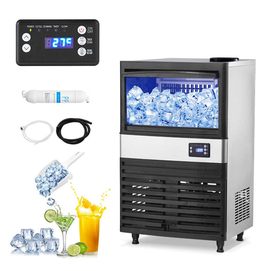Commercial Ice Maker Machine, 130 LBS/24H, 30 LBS Storage, Fast Ice Making in 5-15 Mins, Bottle Water Available, Auto-Cleaning & Blue Light, Timer, w/Filter, Freestanding for RV, Coffee Shop and Bar
