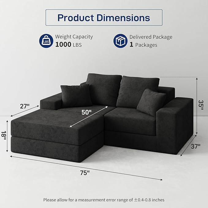 Cloud Modular Sectional Sofa, Comfy Boneless Couch for Living Room, Modern L-Shaped Couch with Reversible Chaise, Customizable Sleeper Sofa with Non Slip, No Assembly & Deep Seat, Black