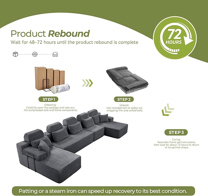 171" U-Shaped Cloud Modular Sectional Sofa with Chaise & Headrest, Boneless Deep Seat Plush Corduroy Couches for Large Living Room, No Assembly Required (Dark Gray, 171" U-shapred Chaise)