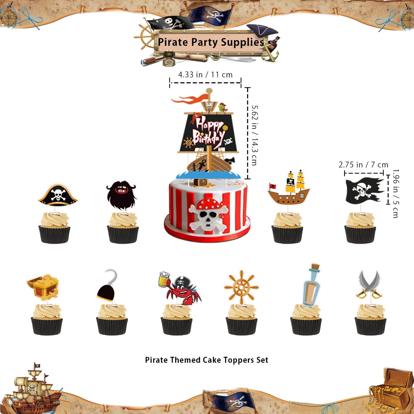 Chilfamy Pirate Party Decorations, Pirate Theme Party Supplies with Happy Birthday Banner, Pirate Garland Signs, Cake Toppers, Pirate Captain Ship Balloons Set for Adults Kids Pirate Party Favors