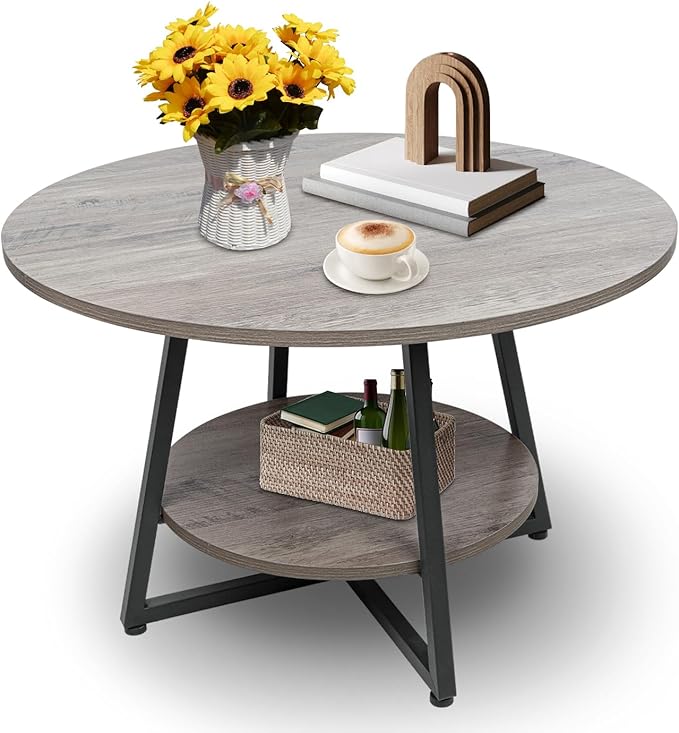 Masigle Round Coffee Table, 2-Tier Circle Coffee Table with Storage, Modern Wood Round Center Table, for Living Room, Small Space, Home Office, Easy Assembly, Wash Gray