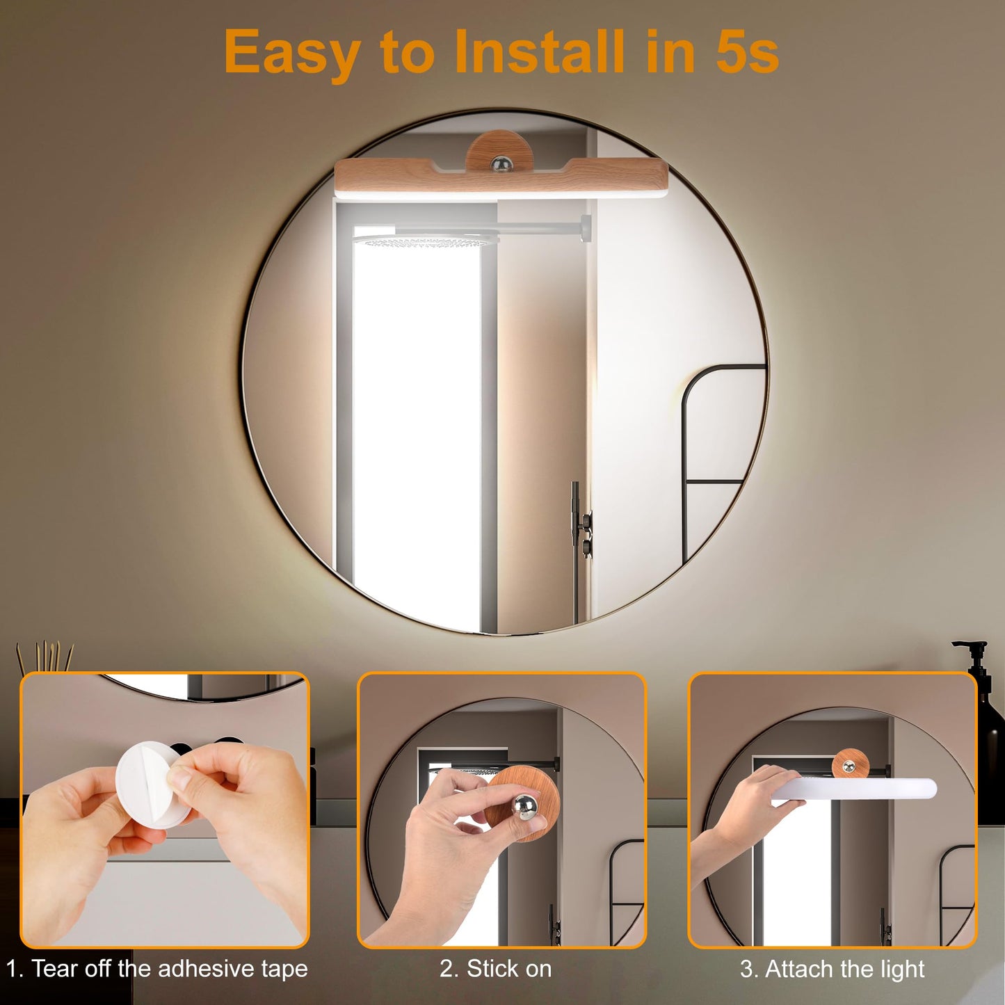 Benreom 2 Pack Vanity Lights for Mirror with 4000mAh Rechargeable Battery, Touch Control Dimmable Makeup Light with 3 Color Modes, Magnetic 360° Adjustable LED Bathroom Mirror Light, Light Wood