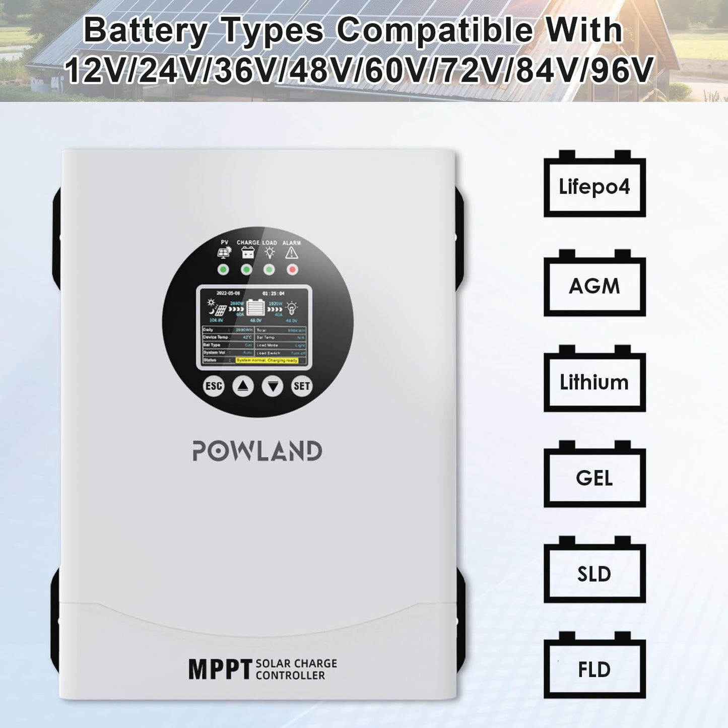 POWLAND 120A MPPT Solar Charge Controlle 12V/24V/36V/48V/60V/72V/84V/96V Auto,Max Input 230V Solar Charger, LCD Display Intelligent Regulator for AGM, Gel, Lithium ect