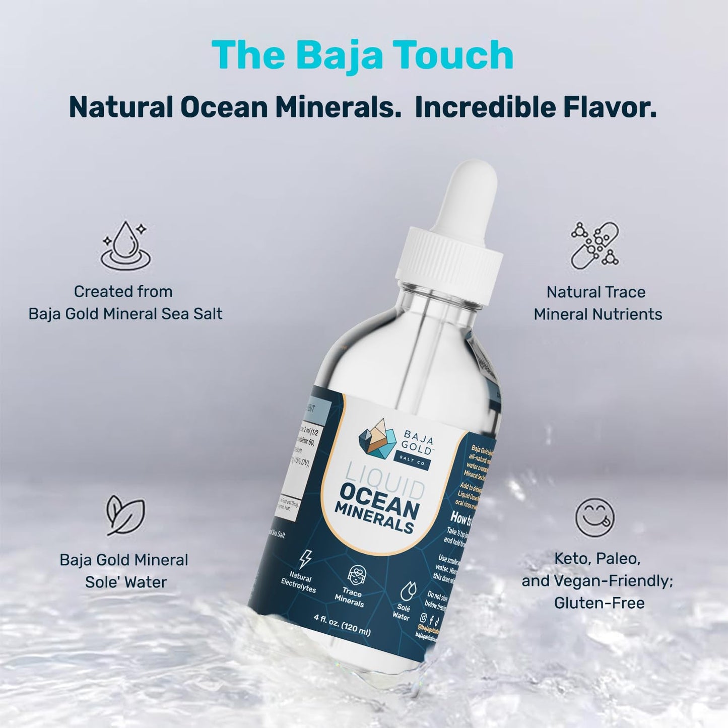 Baja Gold Liquid Ocean Trace Mineral Drops - Ionic Electrolyte Drops for Drinking Water & Food Flavor Enhancement - Mineral-Rich Saline Solution & Oral Cleanse - 4 fl oz, 30-Day Supply