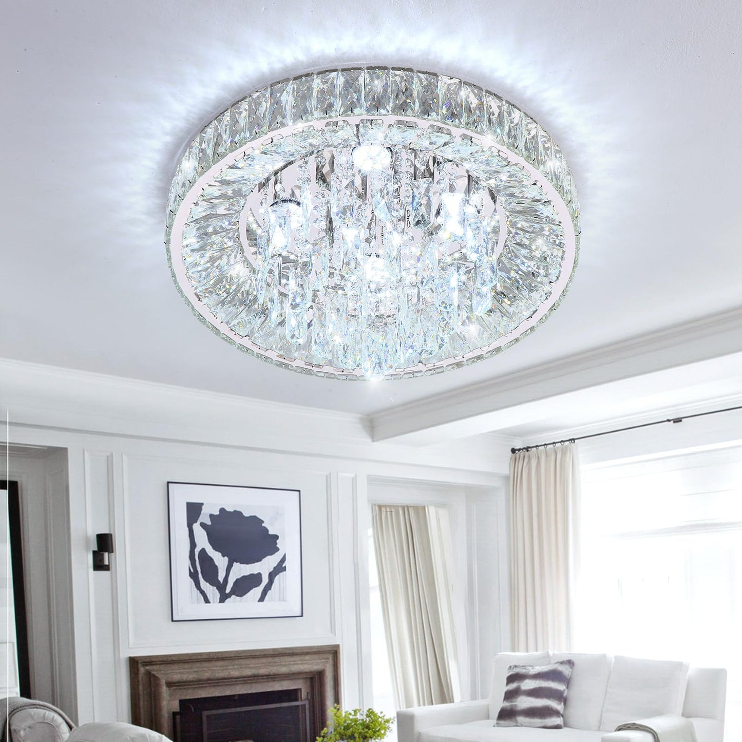 dolria Modern Crystal Chandeliers for Dining Room LED Light Fixture Close to Ceiling Chandelier Flush Mount Ceiling Light Dimmable Lamp with Remote for Living Room Bedroom Hallway 2700K 6000K