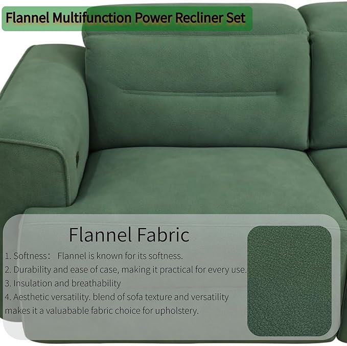 Power Recliner Sectional Sofa Set with USB Ports, Flannel Recliner Sofa Set with Adjustable Headrest, Reclining Sectional Couches, L-Shaped Living Room Furniture Set (Green, 4-Seater)