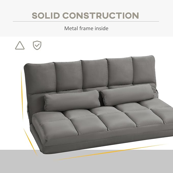 HOMCOM Convertible Floor Sofa Chair, Folding Couch Bed, Guest Chaise Lounge with 2 Pillows, Adjustable Backrest and Headrest, 51.25" L, Dark Gray
