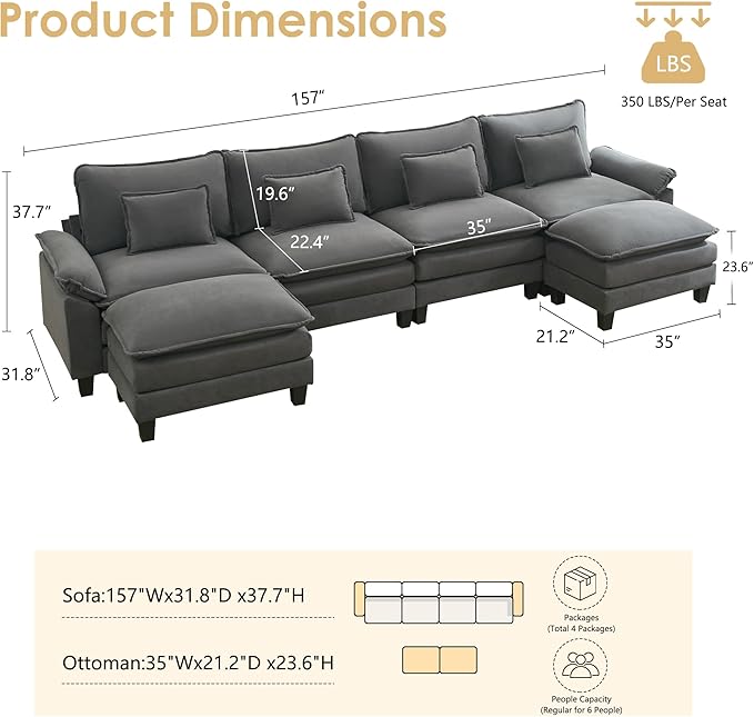 URRED Cloud Couch Modular Sectional Sofa, 157" Modern U Shaped Deep Seat Sofa with 2 Ottomans & Pillows, Ultra Comfy VelvetCouches for Living Room, Bedroom or Apartment, Dark Gray