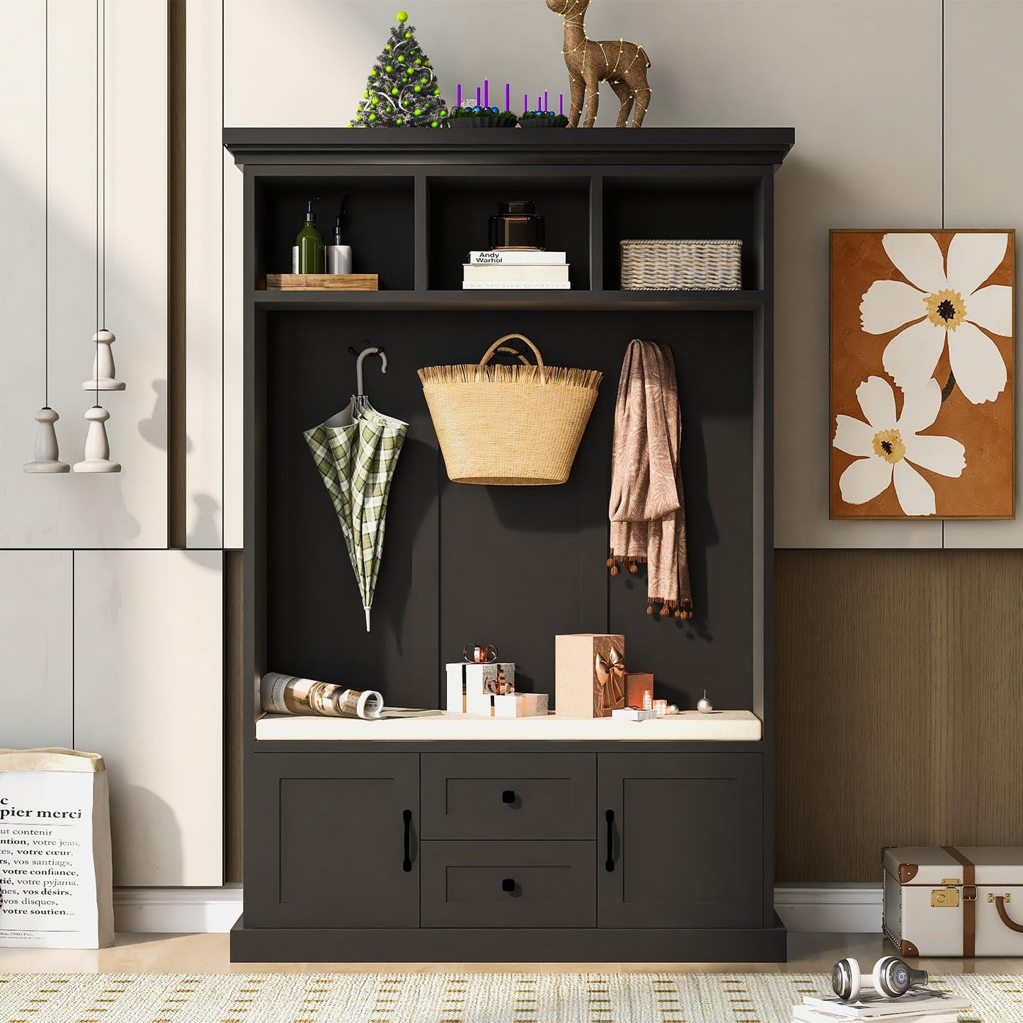 YHAOWORKS Farmhouse Hall Tree with Bench - Entryway Bench with Coat Rack and Storage, Wood Coat Tree Cabinet with Shoe Storage & Stool & Hooks & Door & Drawer for Hallway, Living Room, Mudroom, Black