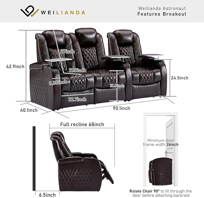 Weilianda Home Theater Seating Top Grain Leather Zero Gravity Recliner Chair Power Headrest Recline Movie Seat Gaming 7 Colors Mood Light Sofa with Tray Table USB Charge Row of 3 Loveseat Left Brown