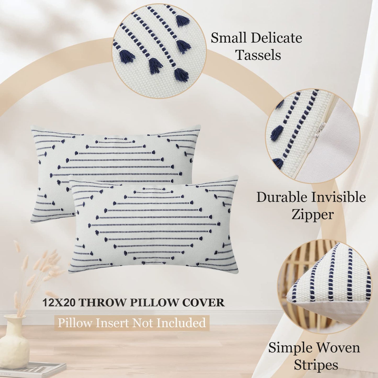 Mecatny Boho Outdoor Throw Pillow Covers 12X20 Set of 2, Farmhouse Lumbar Summer Pillow Covers for Couch Sofa Living Room, Navy & Cream White