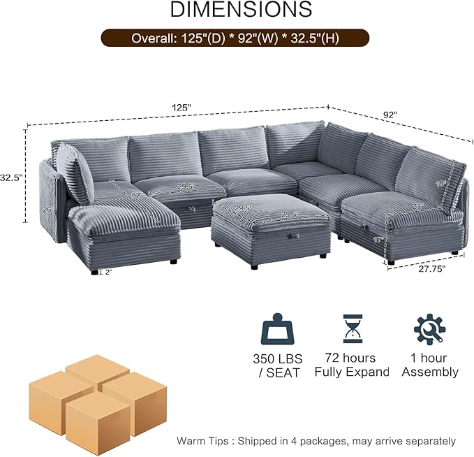 FIRLZY Oversized Modular 8 Seater Sofa with Removable Covers and Storage, Convertible U, L-Shaped and Sleeper Sectional, Modern Corduroy Couches with Ottoman Chaise for Living Room, Gray