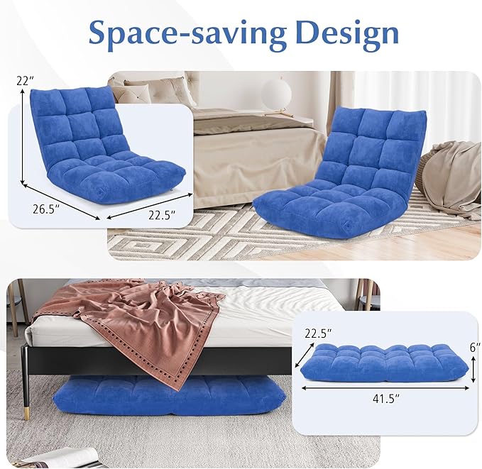 Folding Floor Chair w/Back Support, 14-Position Adjustable Lazy Sofa Chair w/Coral Velvet Fabric & Alloy Steel Frame, Portable Meditation Chair for Reading, Gaming,Sleeping (Blue)