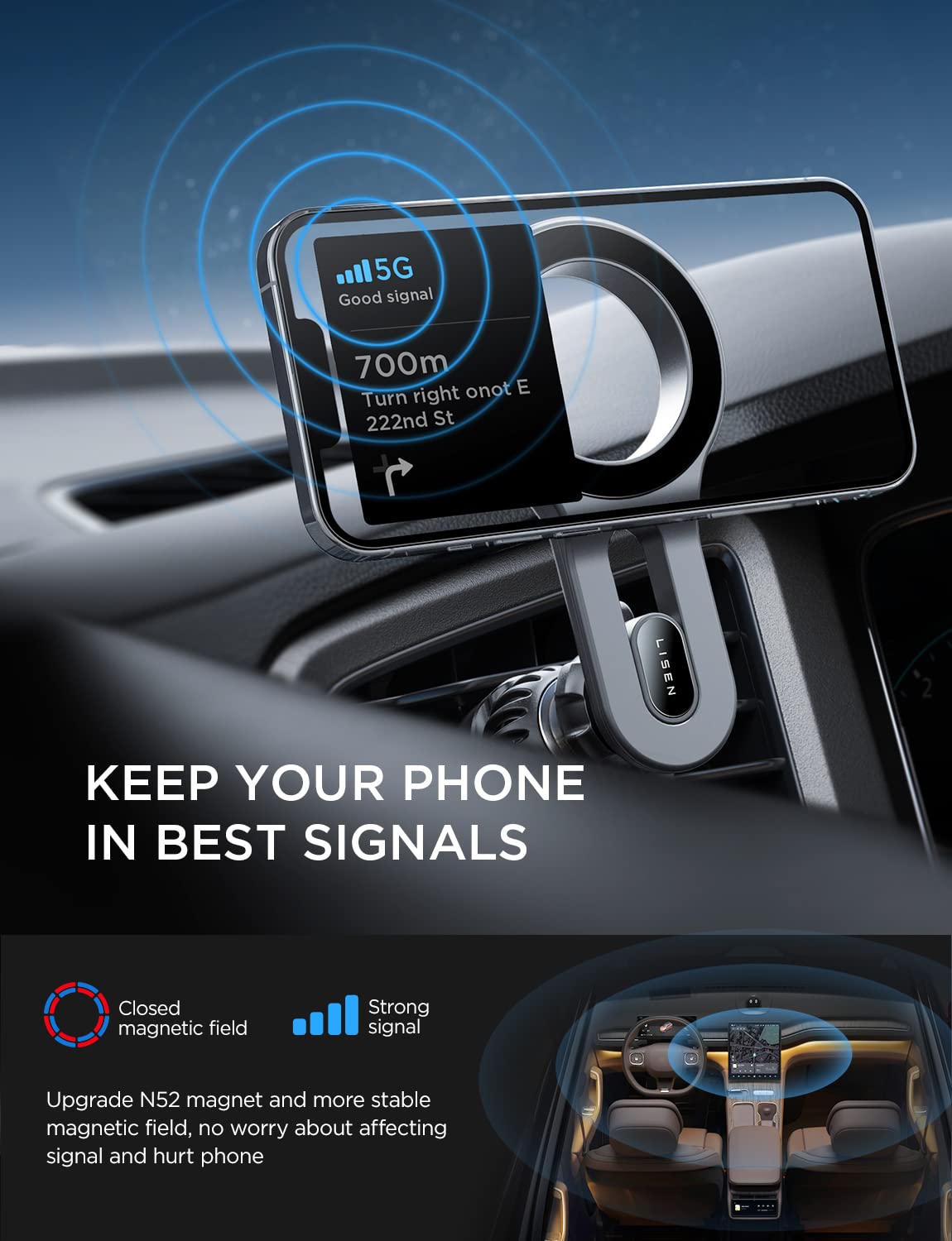 LISEN for MagSafe Car Mount Magnetic Car Phone Mount, Air Vent Phone Holder Car [Super Strong Magnets] Hands Free Cell Phone Holder 17X Strong Clip Car Accessories fit iPhone 16 15 14 13 Pro Plus Max