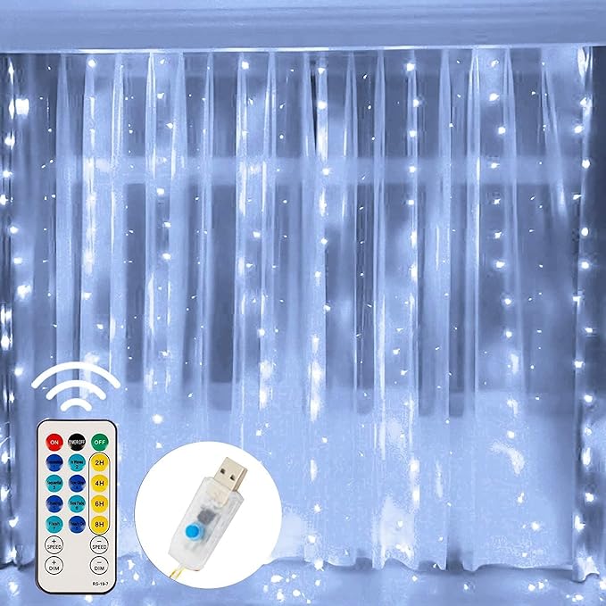 FUNPENY Window Curtain String Lights, 300 LED 8 Lighting Modes Fairy Lights USB Powered, Waterproof Lights for Christmas B...