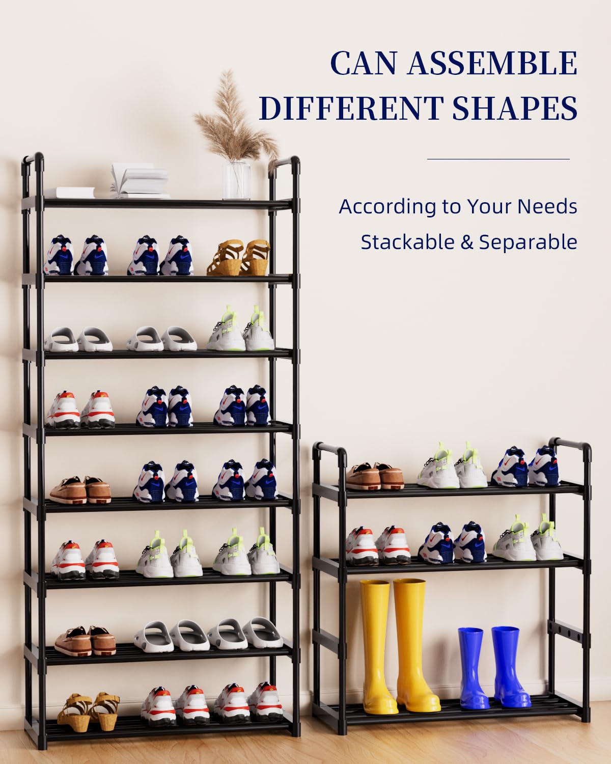 AAJZ Shoe Rack,Tall Large Capacity,Shoe Organizer, Metal Storage Shelf, for 24-27 Pairs, for Entryway,Closet, Bedroom Black (8 Tiers)