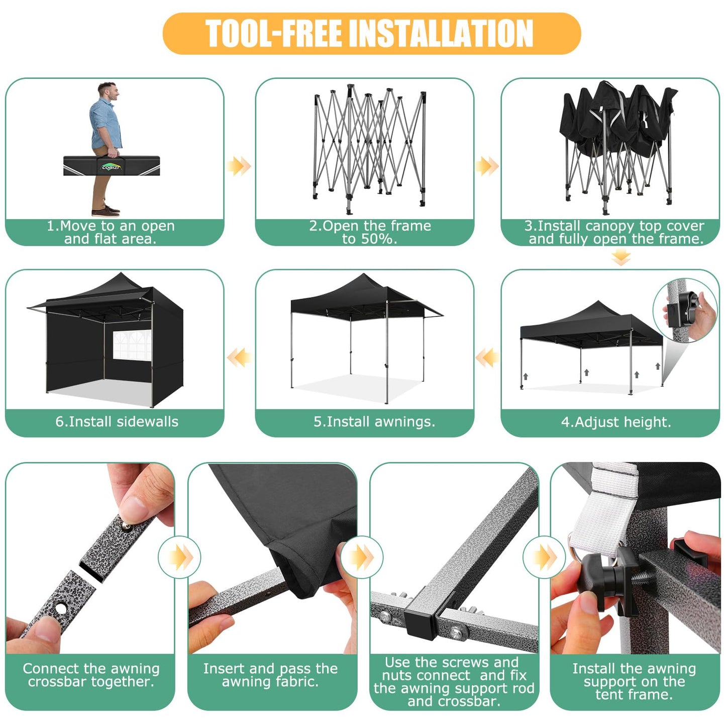 COBIZI 10x10 Pop Up Canopy Tent with Awning,Heavy Duty Canopy UPF 50+ All Season Wind Waterproof Commercial Outdoor Street Vendors Party Tents for Parties Canopy with Carry Bag(10 x 10 ft Black)