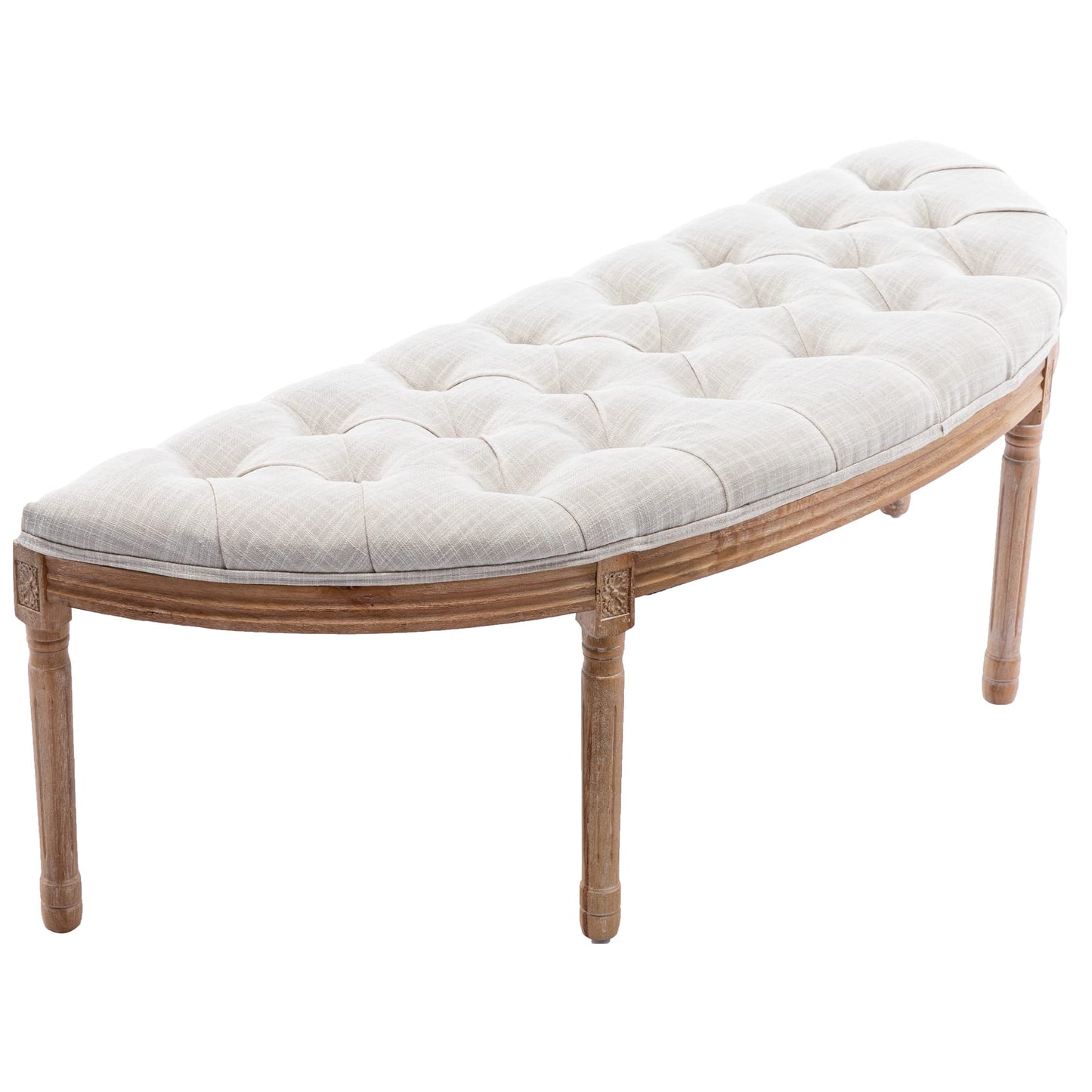 DM Furniture 55" Halfmoon Entryway Bench Tufted Semi Circle Ottoman Bench Seat French Style Upholstered Bed End Bench for Foyer Mudroom Bedroom, Beige