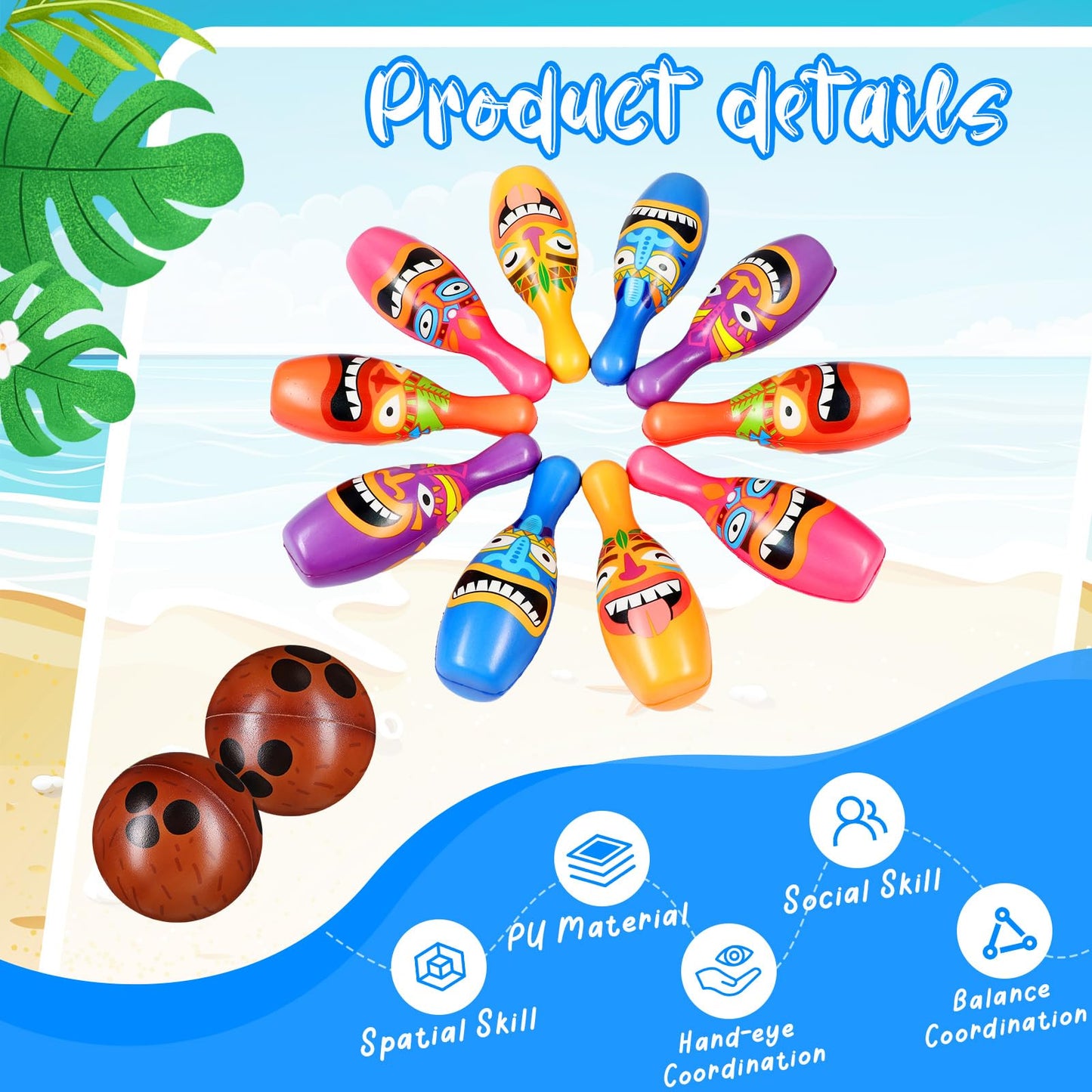 Harrycle 12 Pcs Luau Party Games for Kids Toddlers Adults Summer Tropical Hawaiian Bowling Set 10 Tiki Pins and 2 Cocout Balls Birthday Gifts for Yard Lawn Backyard Indoor Outdoor