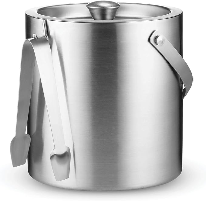 FineDine Double-Wall Stainless Steel Insulated Ice Bucket with Lid & Ice Tong [3 Liter] Included Strainer Keeps Ice Cold &...