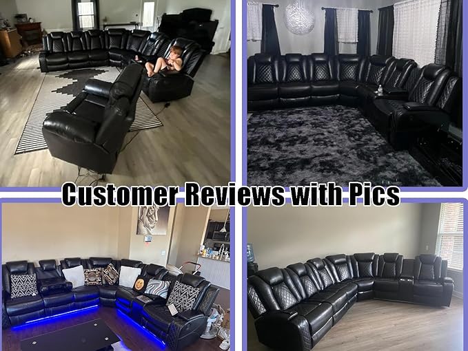 Dekmxas Power Reclining Sectional Sofa, Leather Power Recliner Sofa Set for Living Room, Black Breathing Leather Sectional Reclining Couches Set with LED Light/Cup Holder/USB Port for Home Theater