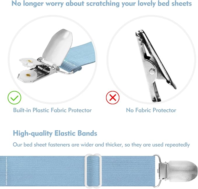Bed Sheet Holder Straps, 4+2 Pcs Adjustable Mattress Sheet Clips, Bed Sheet Fasteners Elastic Sheet Suspenders to Keep Bed Sheet in Place for Different Beds (Blue)