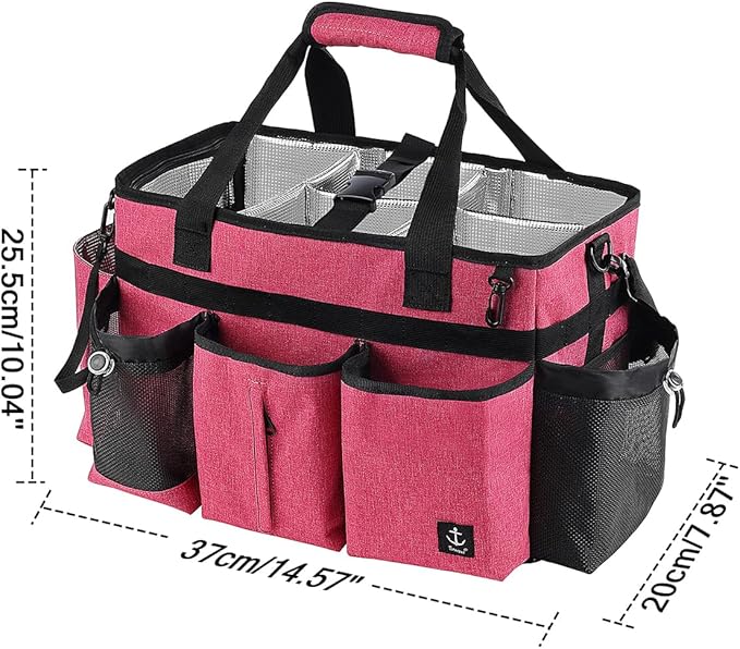 Large Cleaning Caddy Bags Pink with Sturdy Support Board, Cleaning Organizer with Detachable Dividers, Cleaning Supply Tote with Adjustable Shoulder Strap & Waist Belt for Cleaners Housekeepers