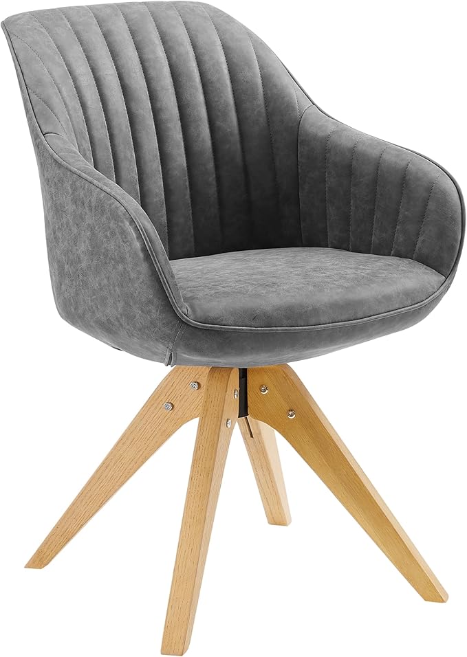 Art Leon Dining Chair, Mid Century Modern Faux Leather Upholstered Swivel Dining Room Chair with Oak Wood Legs, Leisure Side Chair with Arms for Living Room, Gray