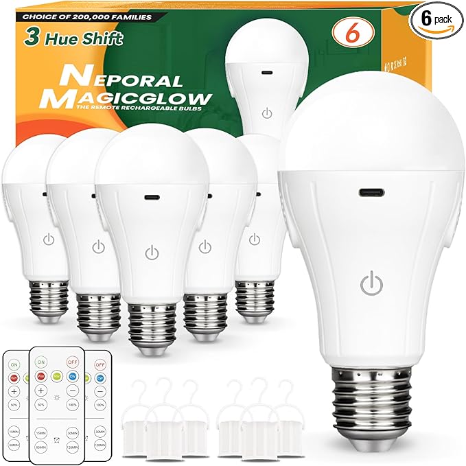 Neporal MagicGlow Rechargeable Light Bulbs with Remote, 3 Colors Shift + Stepless Dimmable Battery Light Bulbs, USB Rechargeable, A19, Up to 24 Hours