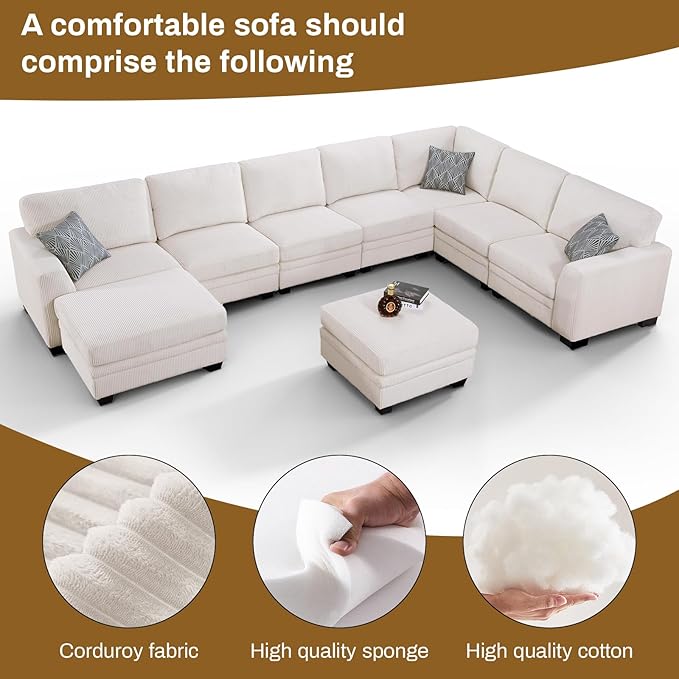 Legend Vansen Sectional Couches for Living Room,L-Shaped Corduroy Sofa with Ottoman for Living Room,Bedroom and Apartment (Cream, U-9)