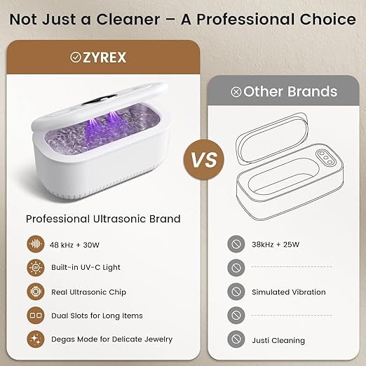 48Khz Ultrasonic Jewelry Cleaner, 30W Ultrasonic Cleaner with 2 UV Lights and Dual Brush Ports, 3 Modes Jewelry Cleaner Ultrasonic Machine with Digital Timer, 12OZ Pod for Eyeglasses, Rings, Retainer