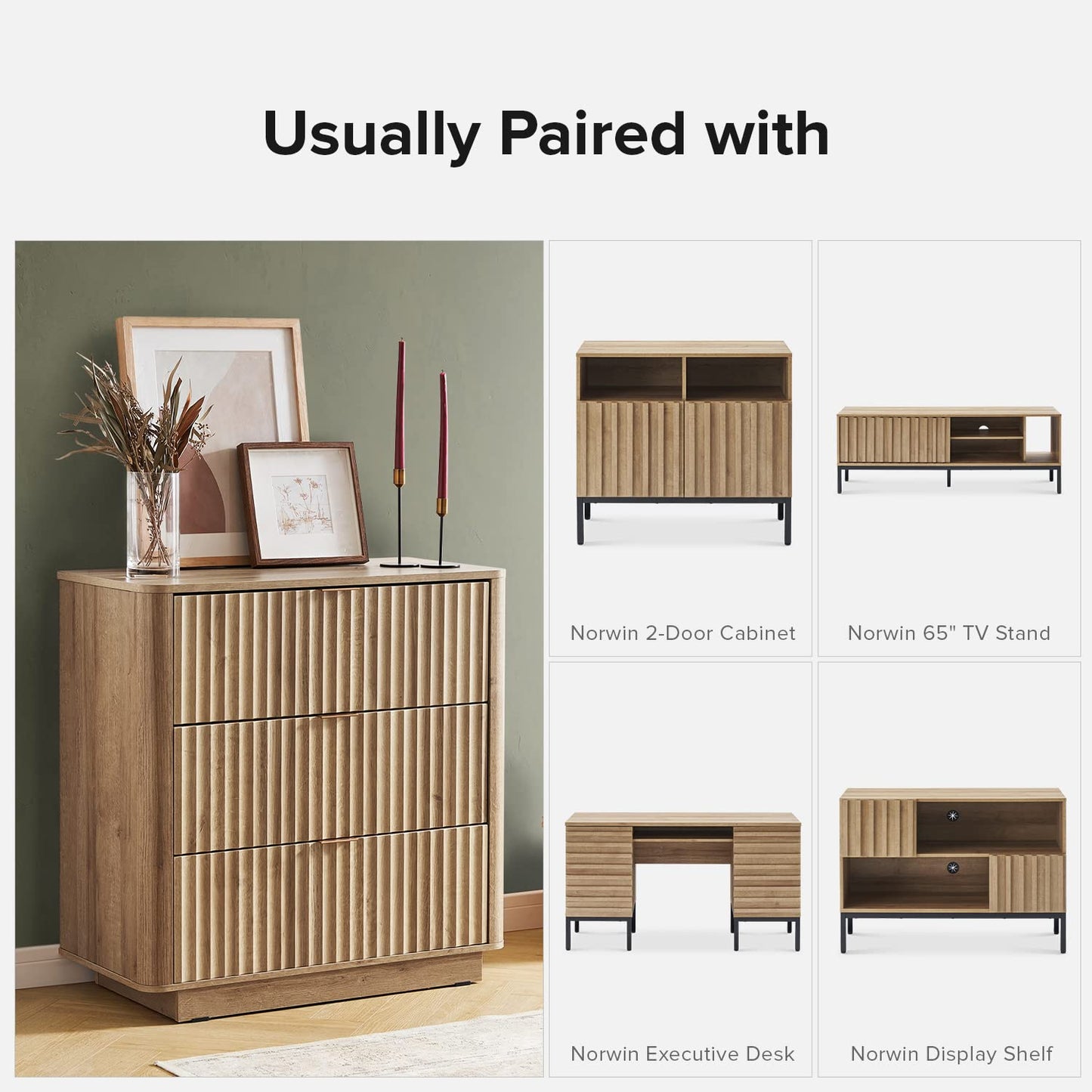 mopio Brooklyn 3 Drawer Dresser for Bedroom, Mid Century Modern Chest of Drawers, Wood Tall Nightstand, Waveform Fluted Side Table, Enhanced Safety, ASTM F2057-23 Sturdy Compliant (Oak)