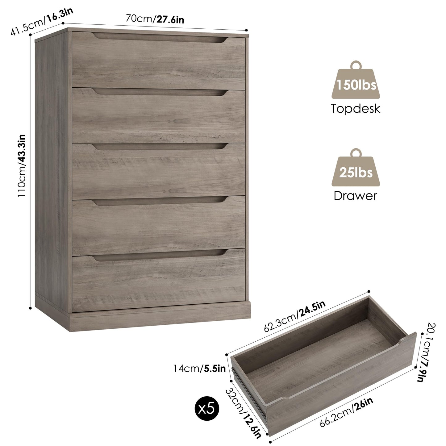 HOSTACK 43.3" Tall Modern 5 Drawer Dresser for Bedroom, Large Chest of Drawers with Storage, Wood Clothes Storage Organizer with Cut-Out Handle, Accent Storage Cabinet for Living Room, Ash Gray