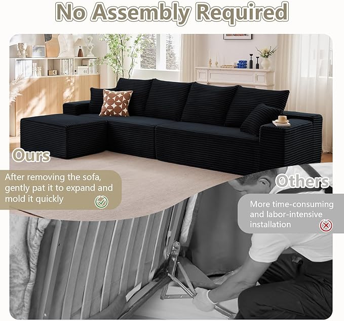 140" Sectional Cloud Couch for Living Room, Modular Floor Deep-Seat Sofa, Big Comfy Corduroy Couches Set with Fluffy Memory Foam, Stupendous L Shaped Sofas, No Assembly Required, Black