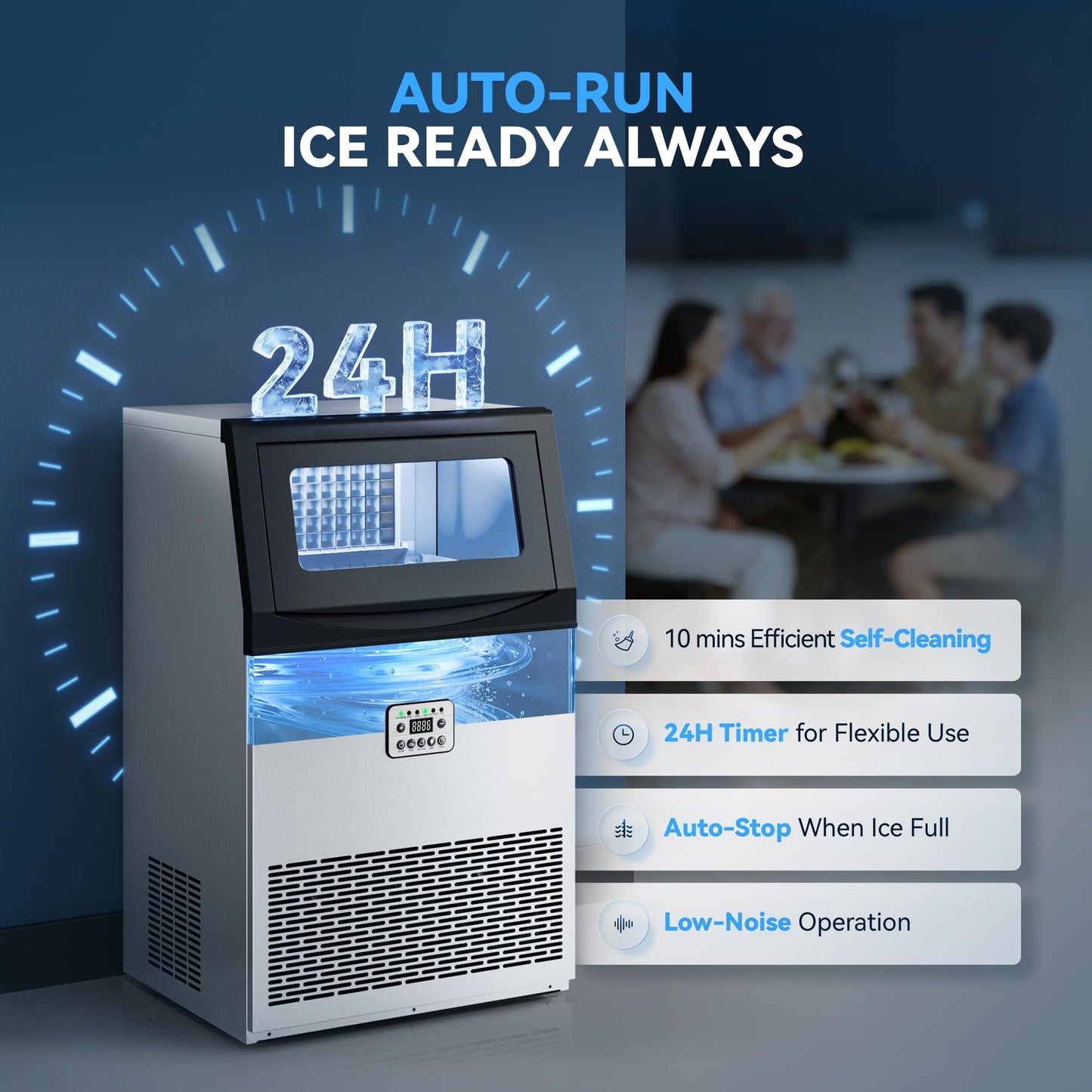Tehanld Commercial Ice Maker Machine, 200LBS/24H with 33LBS Large Storage Capacity, 96 Ice Cubes/15 Mins, Ice Machine with Self-Cleaning & Water Filter, Under Counter & Freestanding for Home, Bar
