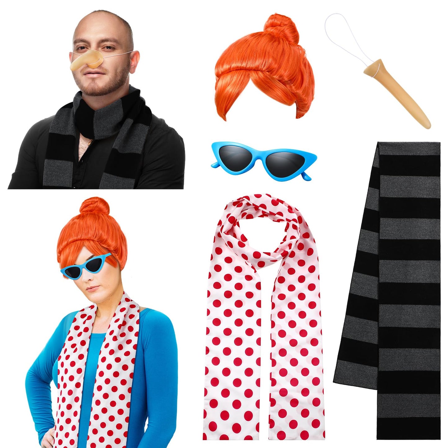 Zoooyawn 5 Pcs Halloween Costume Set Include Black Gray Striped Scarf Red Polka Dot Scarf Wig Blue Frame Sunglasses Fake Nose for Halloween Party Cosplay Costume Accessories