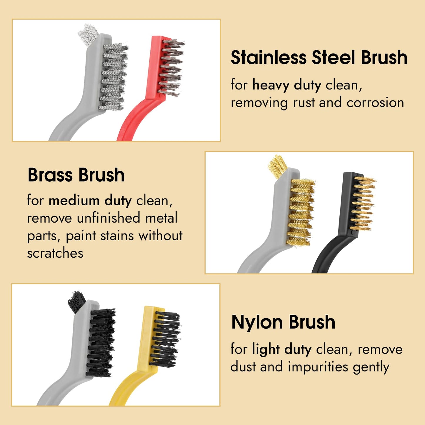 6 Pieces Wire Brushes Set, Small Metal Brass Brush, Stainless Steel Brush, Nylon Brushes for Cleaning Metal Rust and Paint Removal (Grey+3 Mixed Color, L)