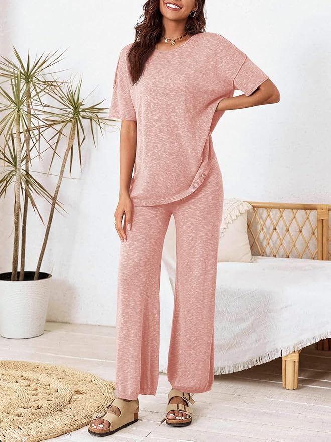 Tankaneo Women's 2 Piece Travel Outfits Casual Short Sleeve Knit Sweater Set Wide Leg Pants Lounge Sets Tracksuit