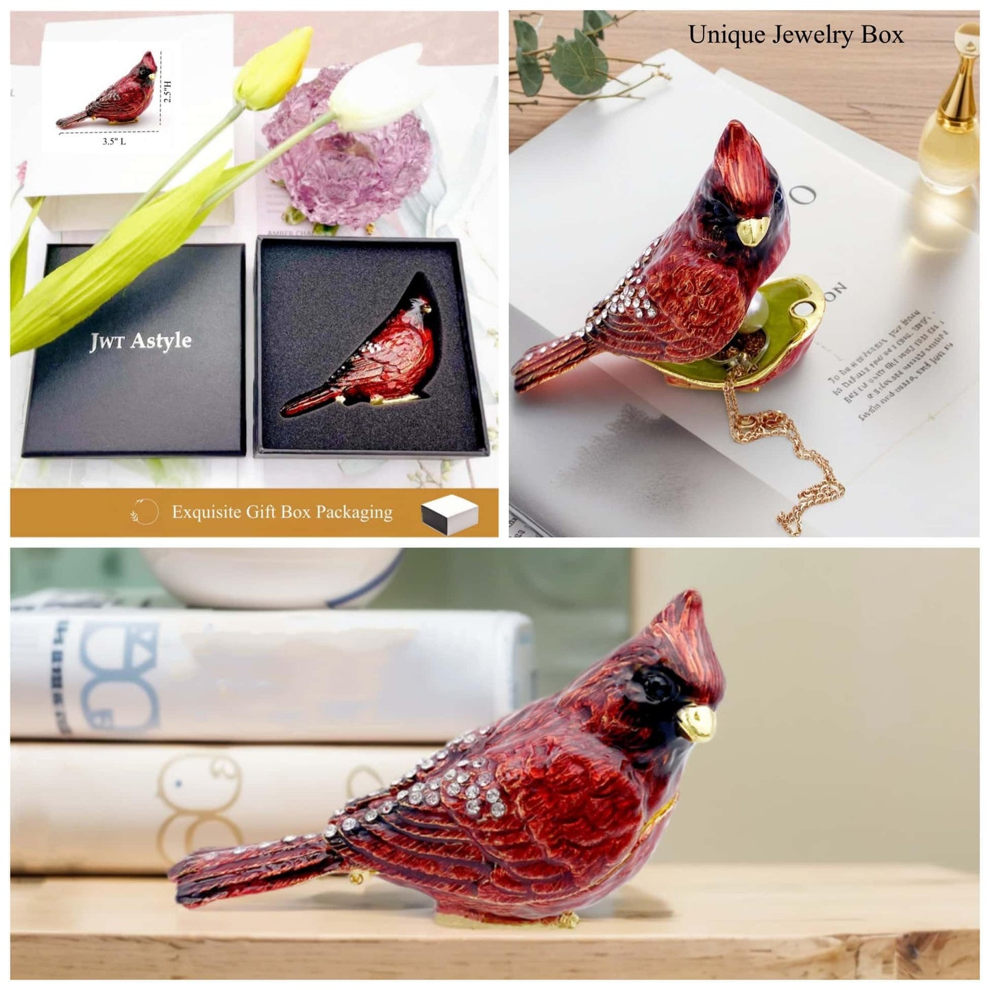JWT Astyle Luxury Red Cardinal Bird Gifts Jewelry Trinket Boxes Hinged.Decorative Keepsake Ring Box.Necklace Rings Earrings Organizer.Bird Figurines Accents Home Decor Gifts for Women.