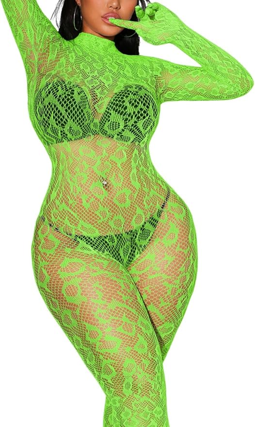 EHSUYAB Sexy Lace Leopard Jumpsuit For Women, Fishnet Bodysuit Glow Party Club, Poster One Piece Mesh Full Body Rave Outfits