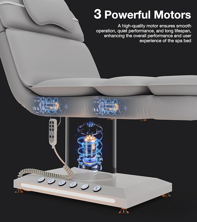 VARONXE Fully Electric Massage Table w/3 Motors, Professional Angle and Height Adjustable Spa Bed Facial Chair, Motorized Esthetician Bed Treatment Table for Beauty Salon, Stool Included, Grey